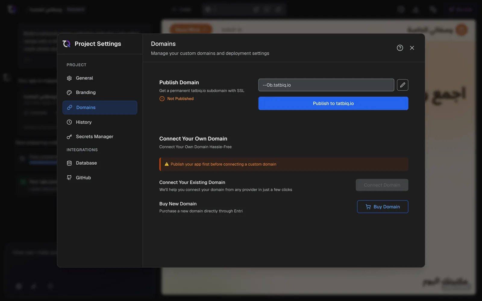 Custom domain settings inside TatbiQ