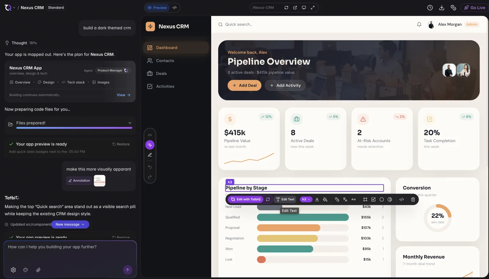 TatbiQ workspace showing a CRM product with visual editing controls