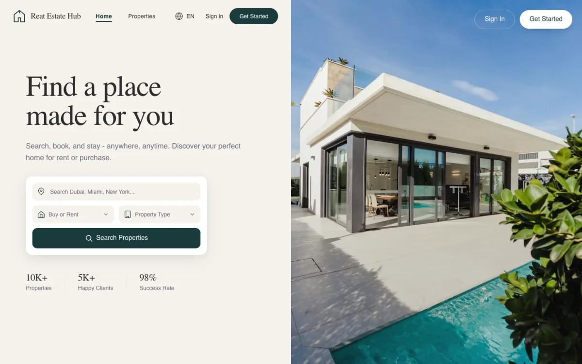 Real Estate Hub product with property discovery and search